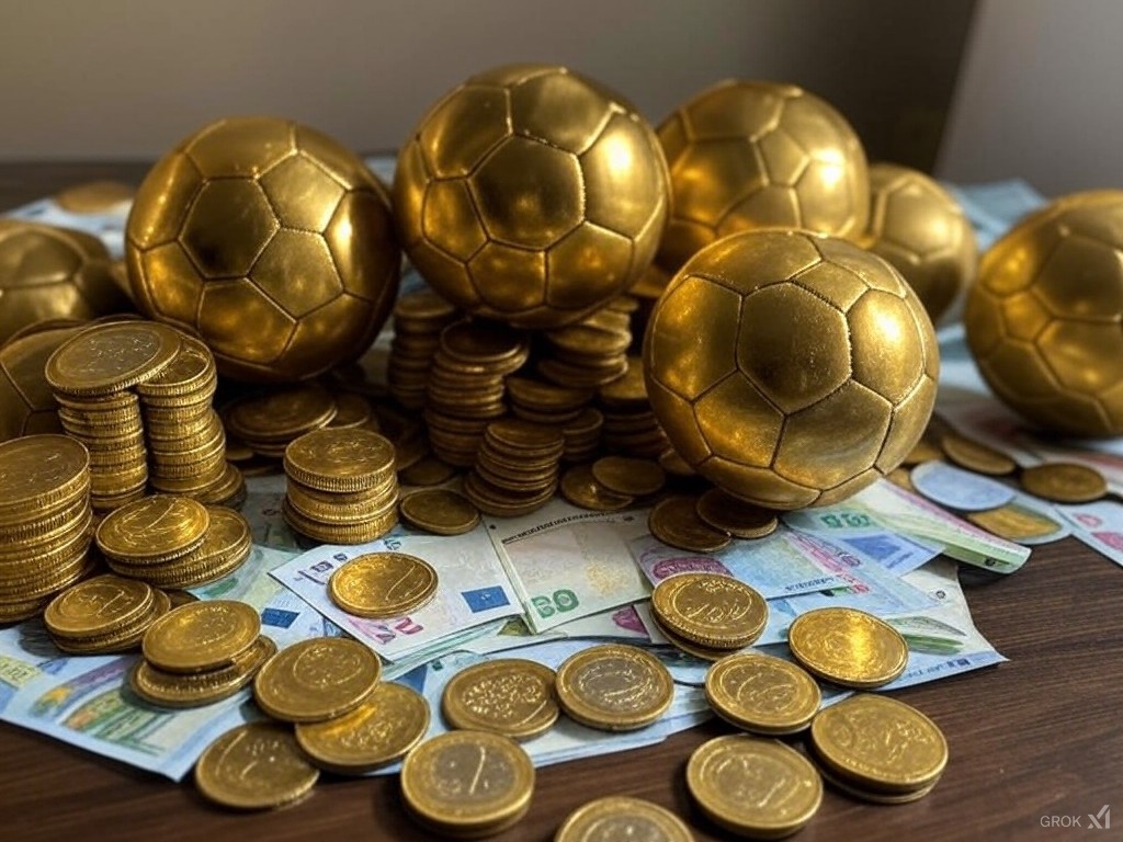 Balones de fútbol con oro y euros